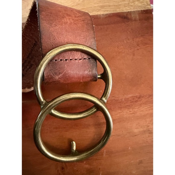 Genuine Leather Double Ring Belt Solid Brass Buckle Cognac Brown Made in USA M - Picture 4 of 8